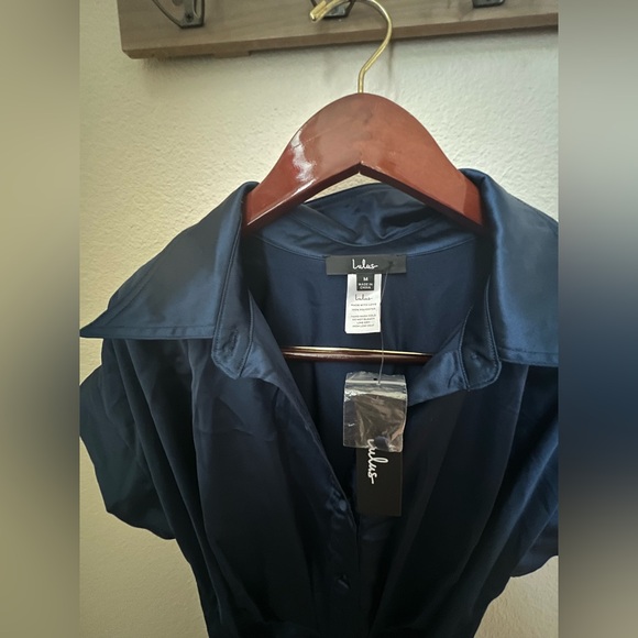 Navy Blue Satin Tie-Front Midi Dress Size Medium - Picture 4 of 4